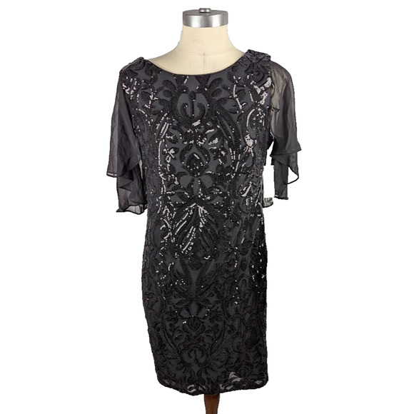 R&M Richards Women's Back Capelet Dress Black Sequins Size 14 Knee‎ Length - Picture 1 of 5